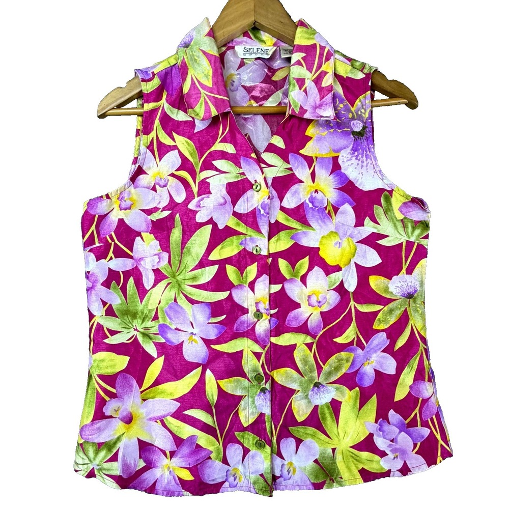 Vintage Selene‎ Sport Blouse Top Womens Medium Pink Floral Hawaiian Button Up
